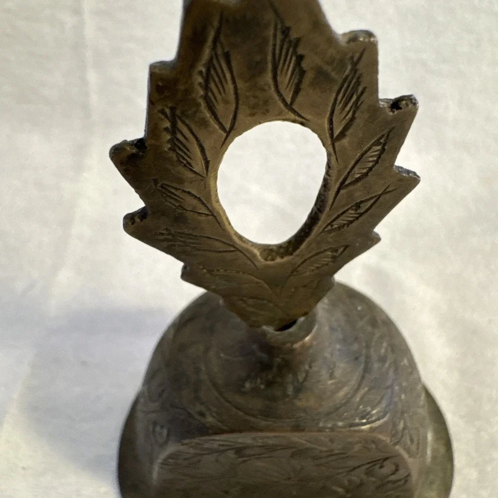 VTG Etched Brass Hand Bell - India - Floral Leaf Design - Boho Decor - 4